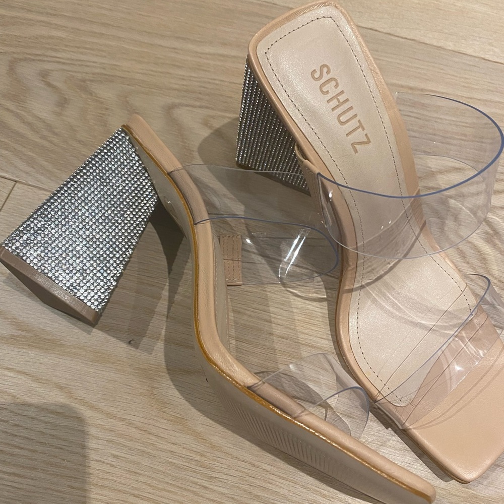Clear and rhinestone block heel sandals